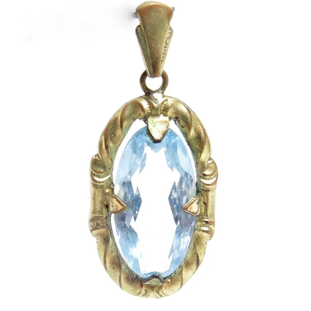 Stunning Vintage Old Art Deco Unfoiled Blue Glass Stone Rhinestone Gold Pendant